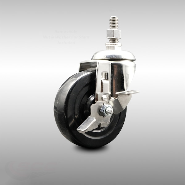 Service Caster 4 Inch 316SS Soft Rubber Wheel Swivel 10mm Threaded Stem Caster with Brake SCC-SS316TS20S414-SRS-TLB-M1015 - main